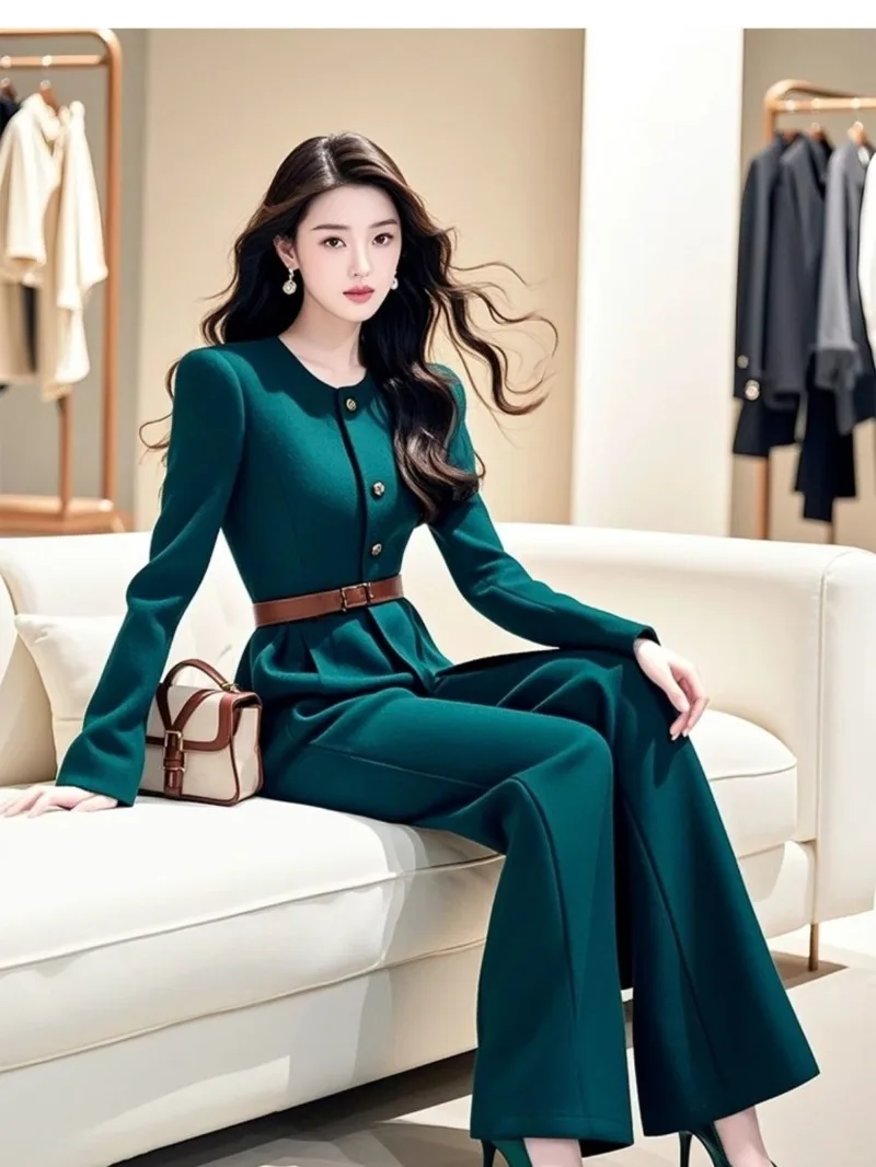 จั๊มสูทผู้หญิงคุณภาพสูงใหม่สำหรับฤดูใบไม้ร่วงและฤดูหนาว แฟชั่นเอวสูงทรงเข้ารูป แขนยาว สีพื้น เรียบหรู กางเกงขายาวทรงกว้าง