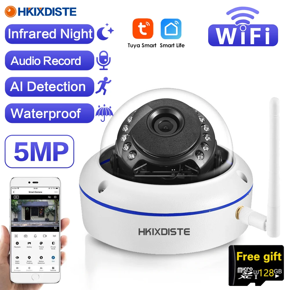 Câmera Dome CCTV sem fio impermeável ao ar livre, Tuya Smart Home, Câmera IP, Wi-Fi, Cartão SD, Registro de áudio, Smart Life APP, P2P, IP66, 5MP