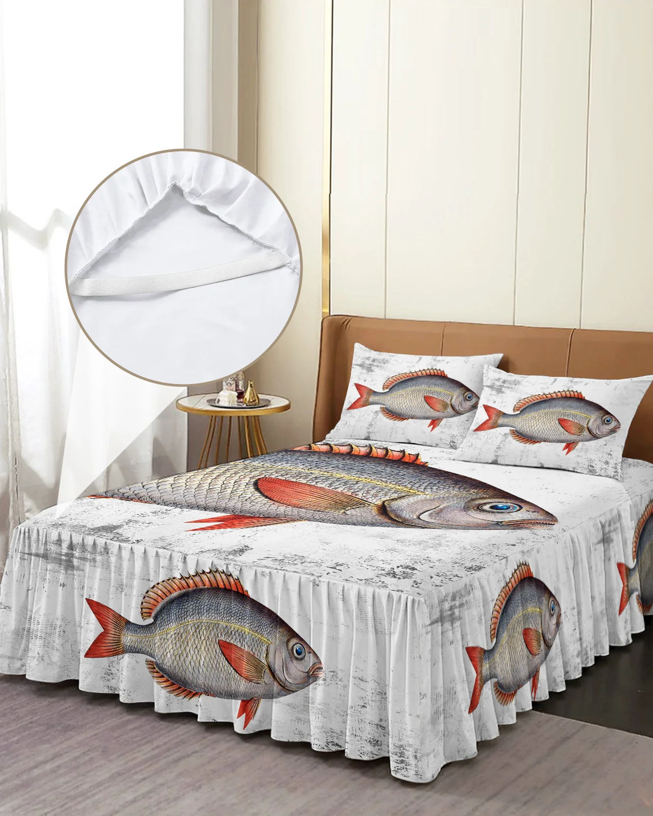 Antique Mottled Oil Painting Fish Bed Skirt Elastic Fitted Bedspread With Pillowcases Mattress Cover Bedding Set Bed Sheet