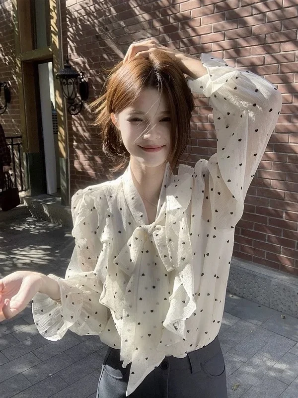 

Elegant Polka Dot Shirt Women's Loose Fashionable Top with Lace Trim Spring Summer Design French Style Long Sleeve V-Neck