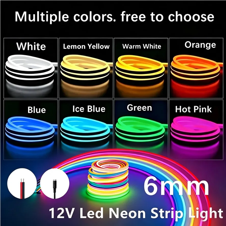 12V Neon Led Strip Lights Wire/DC Plug 6mm Narrow Rope Flex Tape Silicon Tube Bar Waterproof DIY Sign Red Green Blue Yellow