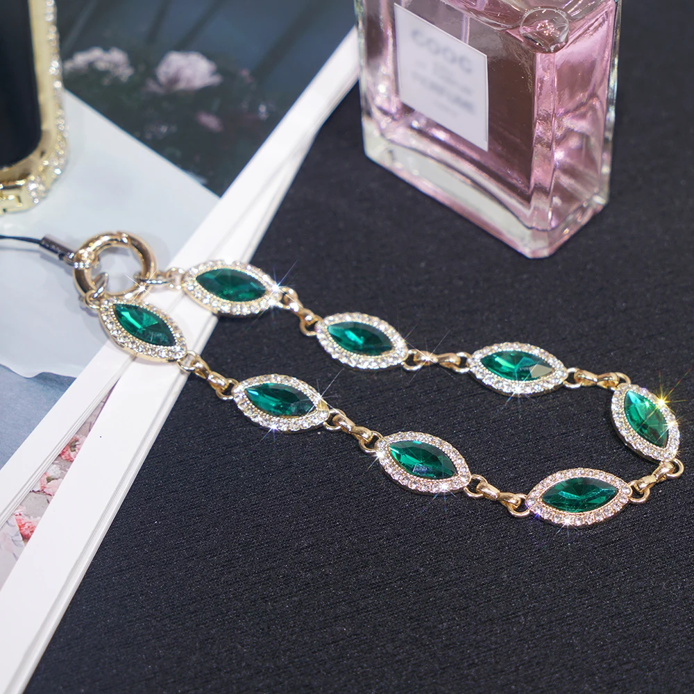 For Mobile Phone Case Emerald Rhinestone Trim Plastic Base Lanyard Wrist Strap Anti-Lost Short Bracelet Chain