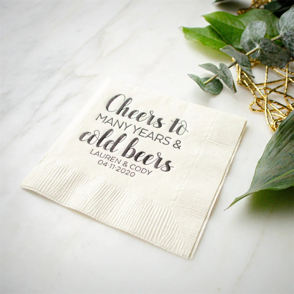 50PCS Personalized Napkins with Wreath Border, Custom Napkins, Gold Foil Napkins, Monogram Wedding Napkins, Foil Printed Napkins