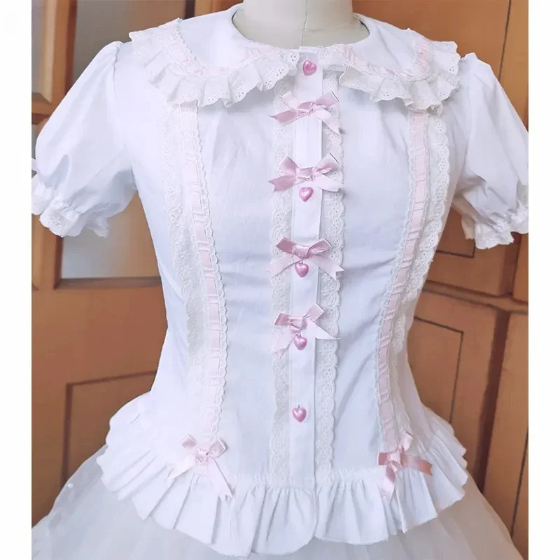 Lolita Shirt Women Preppy Style Bow Slim Blouses Cute Peter Pan Collar Lace Ruffles JK Shirts Girl Puff Sleeve Blouses Women Top