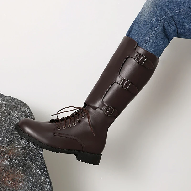 Men's Plus Size 47 48 Motorcycles Boots Fashion Belt Buckle Lace Up Unisex Mid-calf Boots Riding Boots Winter Women Shoes MSH097