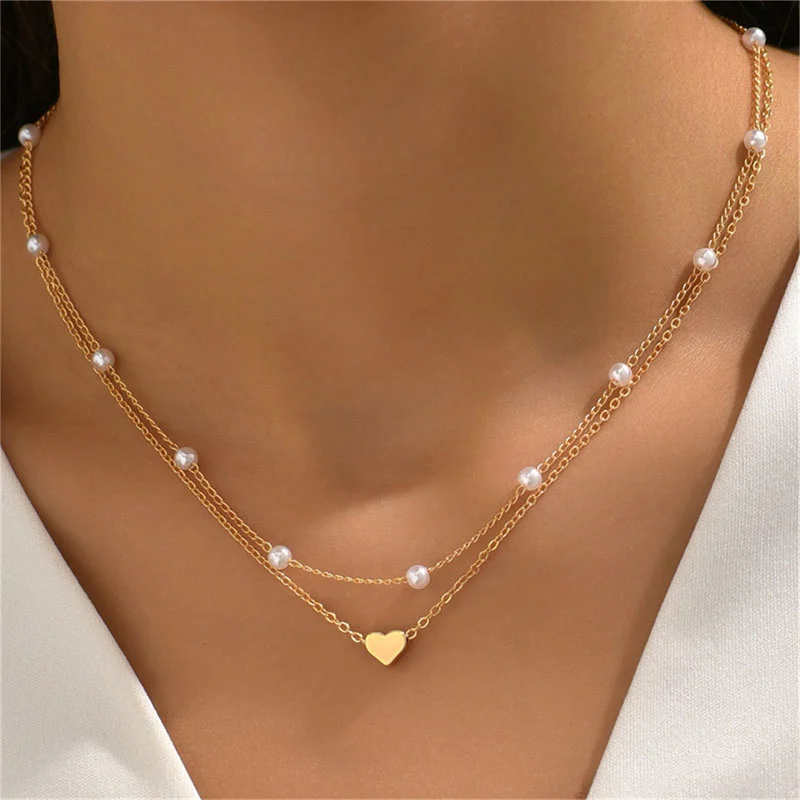 Romantic Heart Pendants Necklace for Women Gold Silver Color Multilayered Oval Beads Chain Necklace Minimalism Female Jewelry