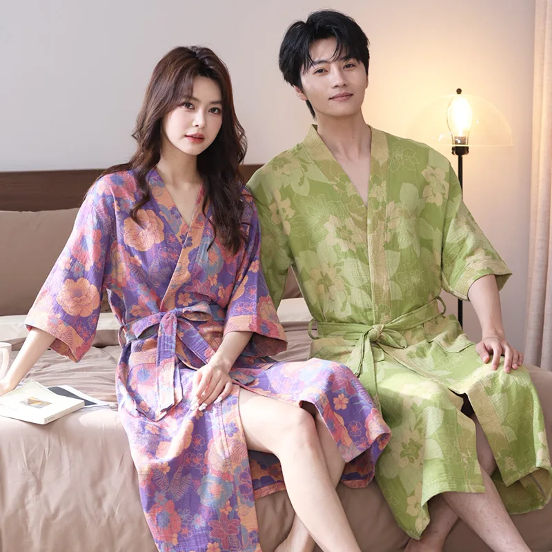 

Двухслойный марлевый халат из чистого хлопка, весенне-летняя тонкая одежда для сна, домашний халат для сна, быстросохнущий и впитывающий халат для пар