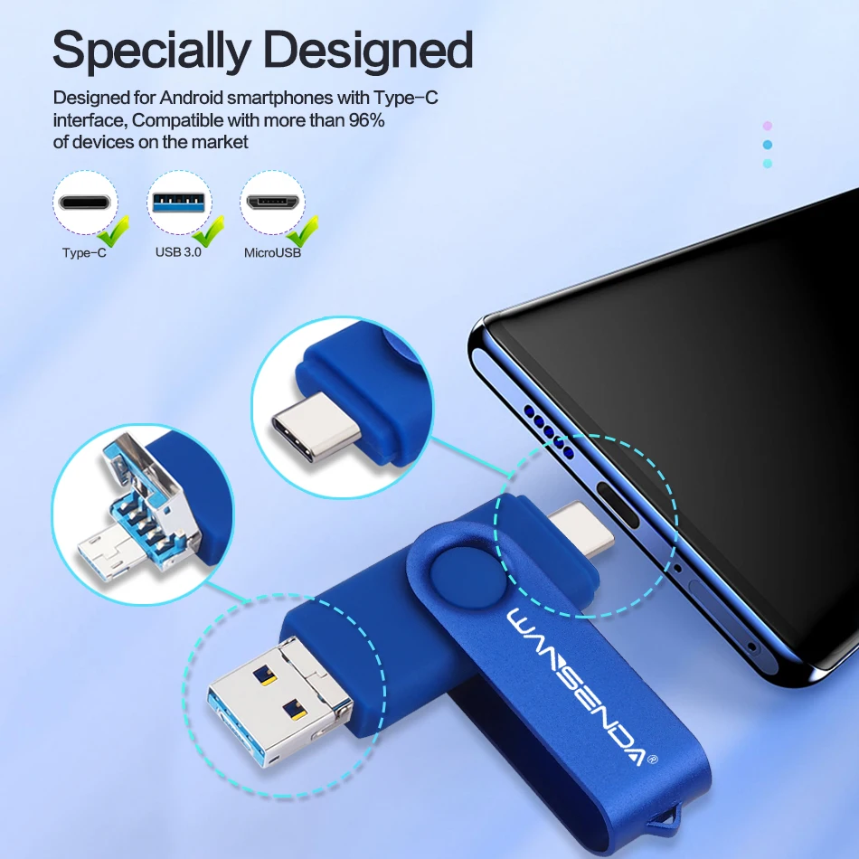 محرك فلاش USB من WANSENDA OTG 3 IN 1 USB 3.0 & Type C & MicroUSB Stick Pen Drive 512GB 256GB 128GB 64GB 32GB محرك بندريف عالي السرعة