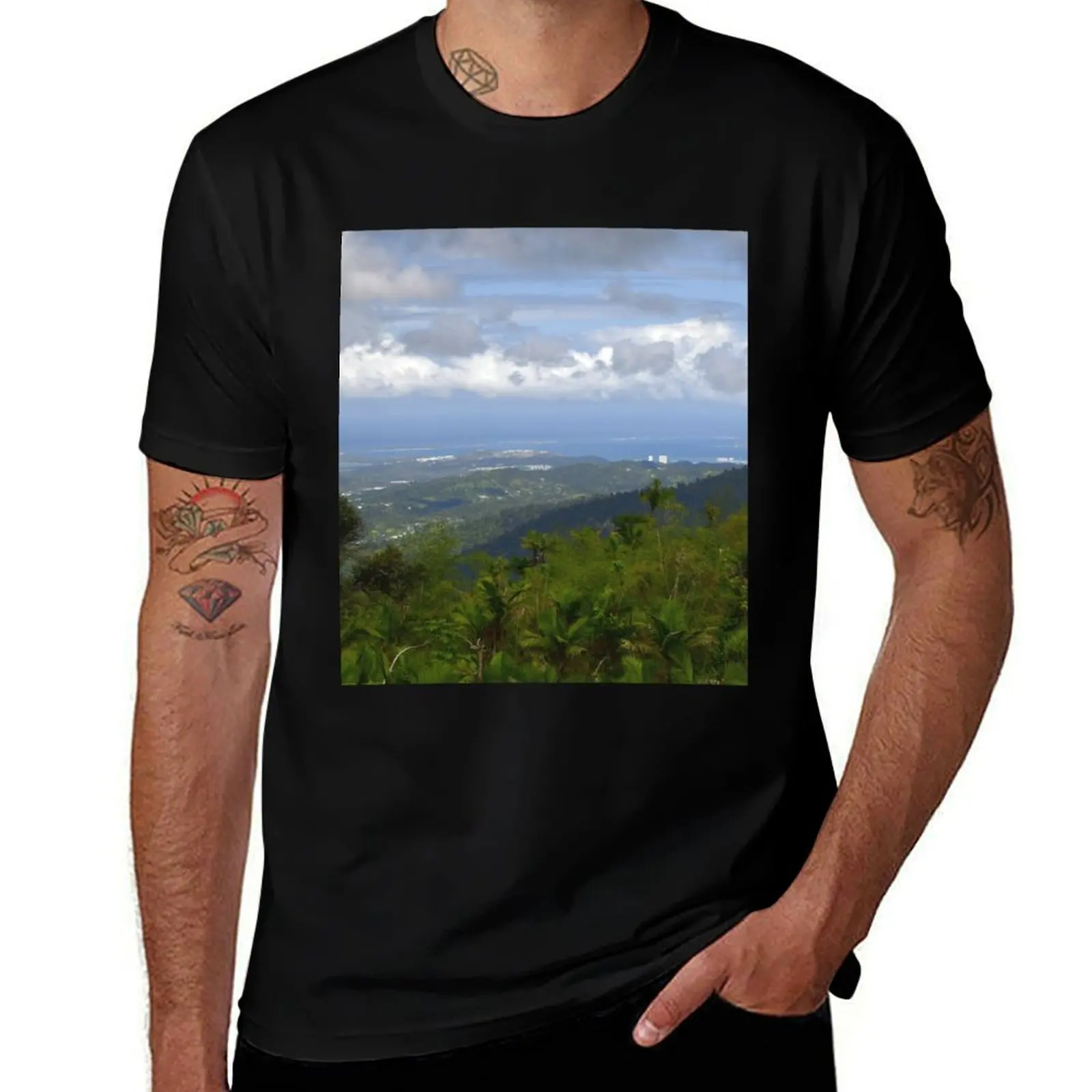 View from El Yunque rainforest of the coast T-Shirt Fashion Graphic Tee for Men