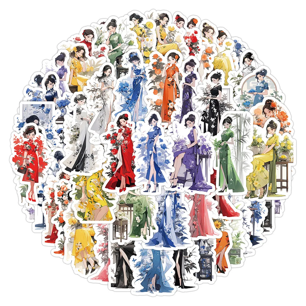 

10/60PCS Chinese Style Cheongsam Beauty Graffiti Sticker Fashion Girl Cartoon Decal Notebook Phone Guitar Skateboard Kid Toys