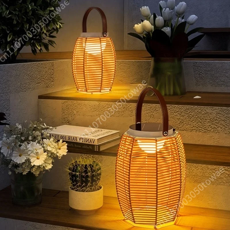 Modern Outdoor Table Lamps Waterproof Portable Solar Lawn Lights Rattan Shade Iron Body For Camping Villas Courtyards Charging