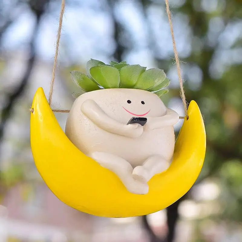 Resin Hanging Plant Pot Scindapsus Swing Hanging Flower Basket Cartoon Smiling Face Flower Pot Moon Shape Garden Decoration