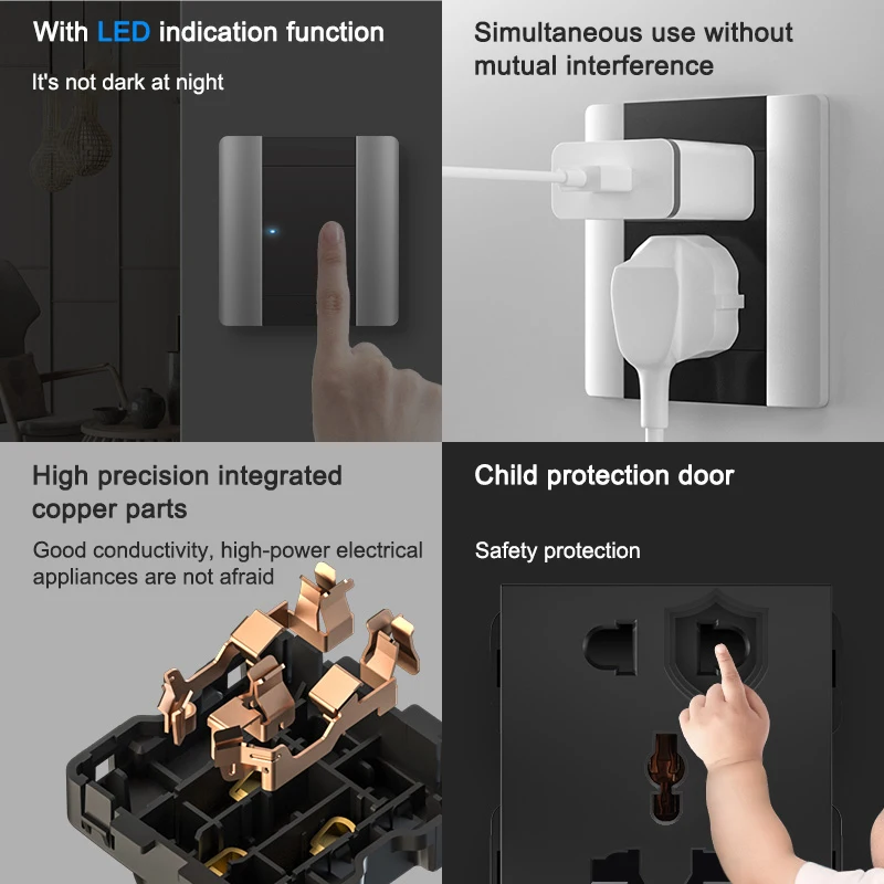 FLKL Point Switch Silver-Gray Two-Color Stitching LED Household Light Switch Socket Panel Porous Switching Power Supply