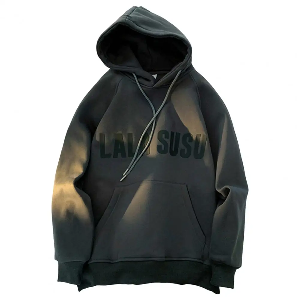 Men Hoodie Letter Print Drawstring Vintage Plush Lining Pullover Sweatshirt moletom masculinos