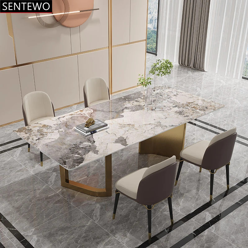 Designer Luxury Marble Rock Slab dining table set 4 6 chairs mesa de jantar esstisch furniture comedor Stainless steel gold base