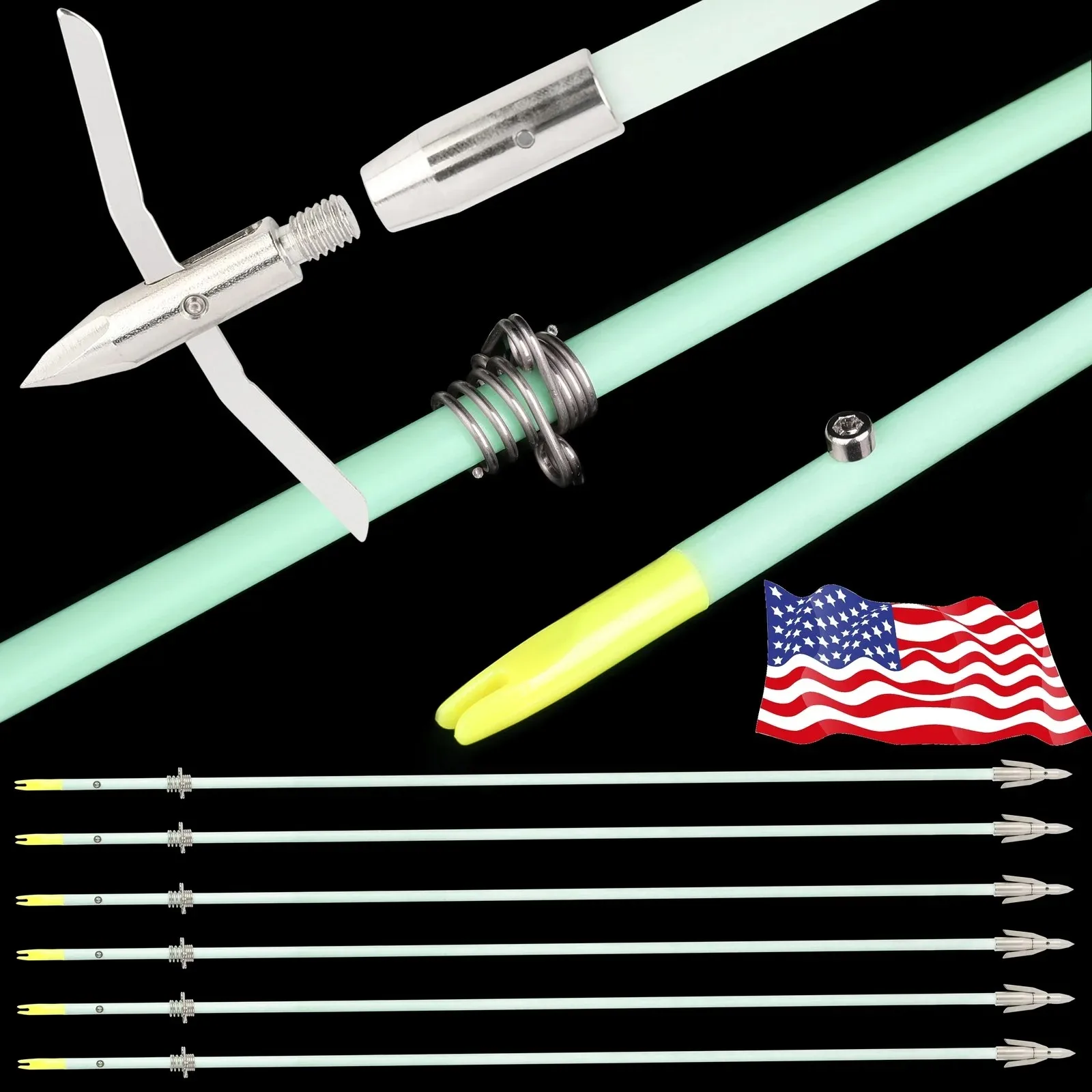 Solid Fiberglass Bowfishing Arrows OD 8mm Durable Carbon Steel Arrowhead Metal Fishing Slider Accessories for Archery Fish Hunting 3pcs
