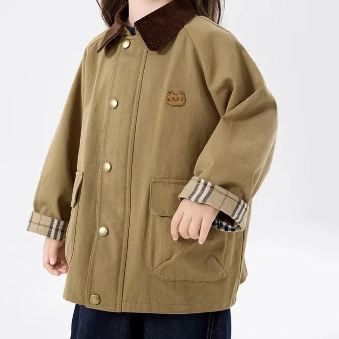 Spring and Autumn men's women's children's trench coat baby children's retro lapel plaid cartoon coat 4