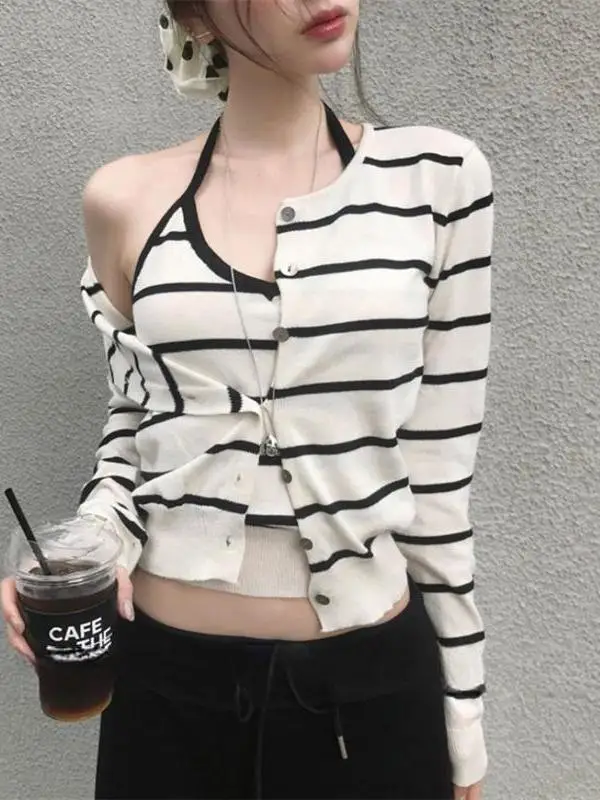 

Dongda Gate New Sexy Casual Striped Knitted Long Sleeve Vest Women's Fashion Set High Waist Elastic mid Weight Four Seasons Wear