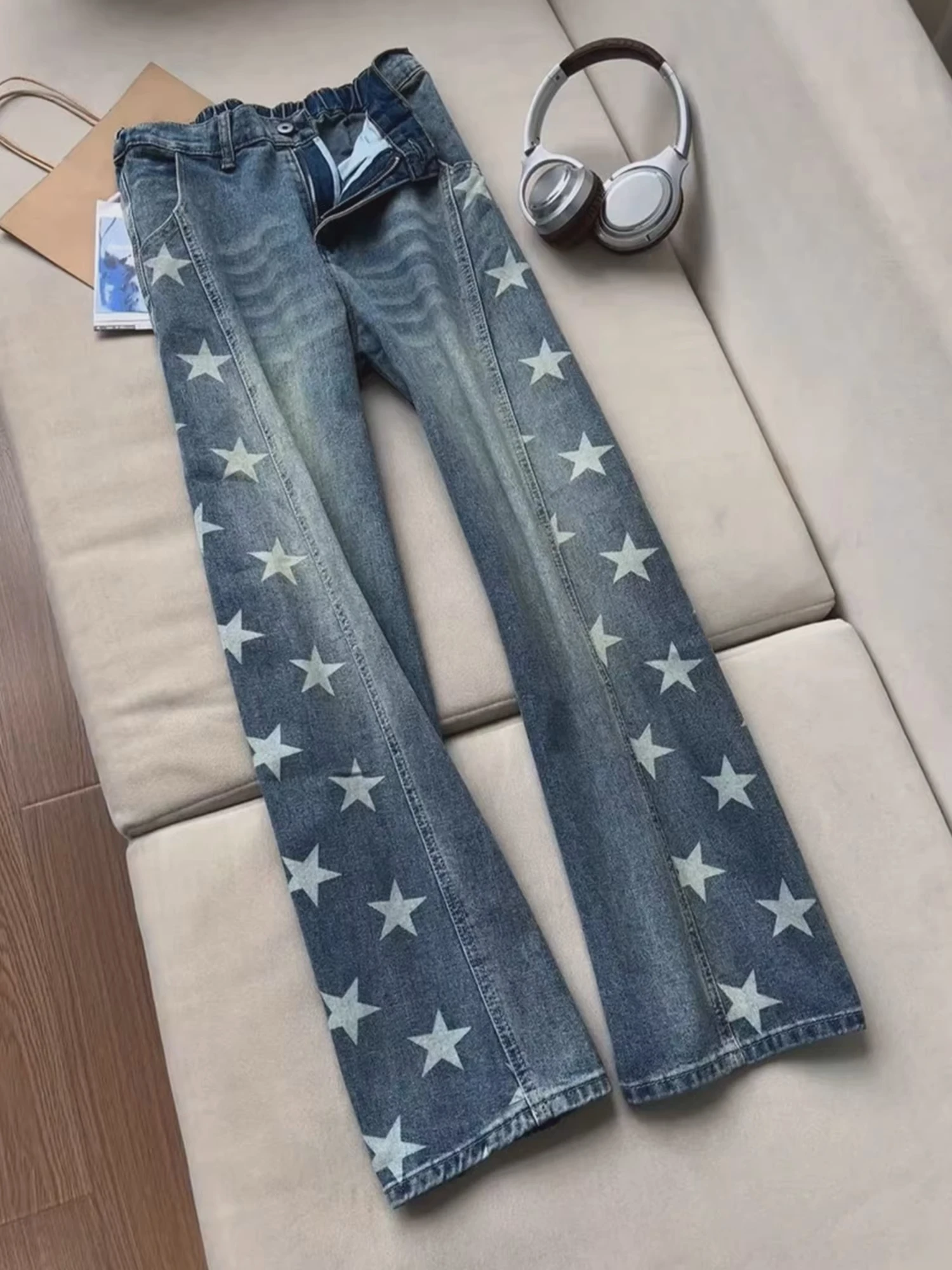 

Мужские джинсы American Sle Knife Star Print Straight Leg с принтом, повседневные хлопковые джинсы Cleanfit Design, молодежные модные брюки Bootcut