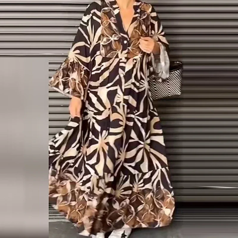 Nuovi abiti casual con volant larghi Moda autunnale Scollo a V Manica lunga Abiti Abiti Abiti maxi da pendolarismo stampati con motivo vintage