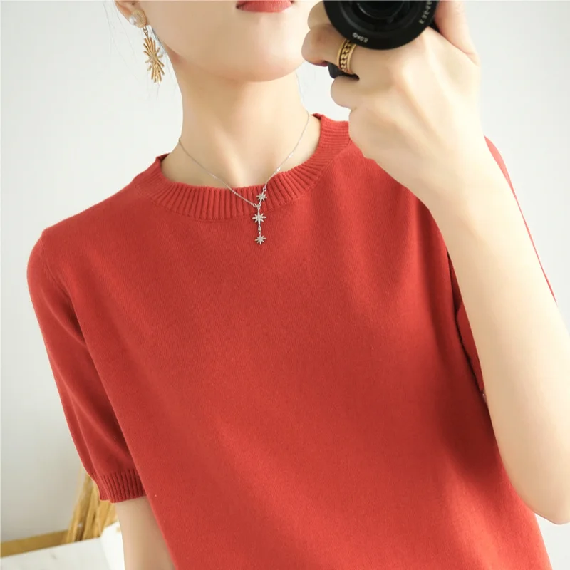 100% cotton short sleeve 2023 summer new women\'s round neck pullover loose solid color top casual fashion women\'s T-shirt