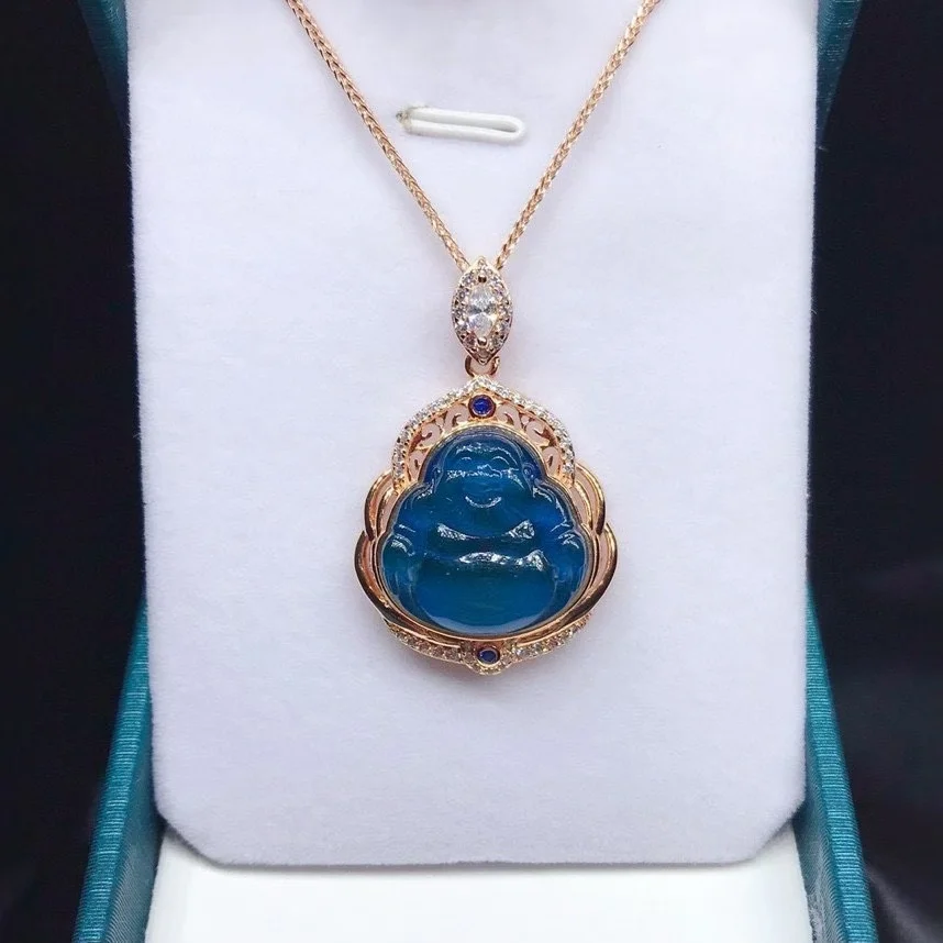 

Certificated Natural Mexican Blue Amber 925 Silver Laughing Buddha Pendant With Chain Festive Gifts Blessing Buddhist Jewelry
