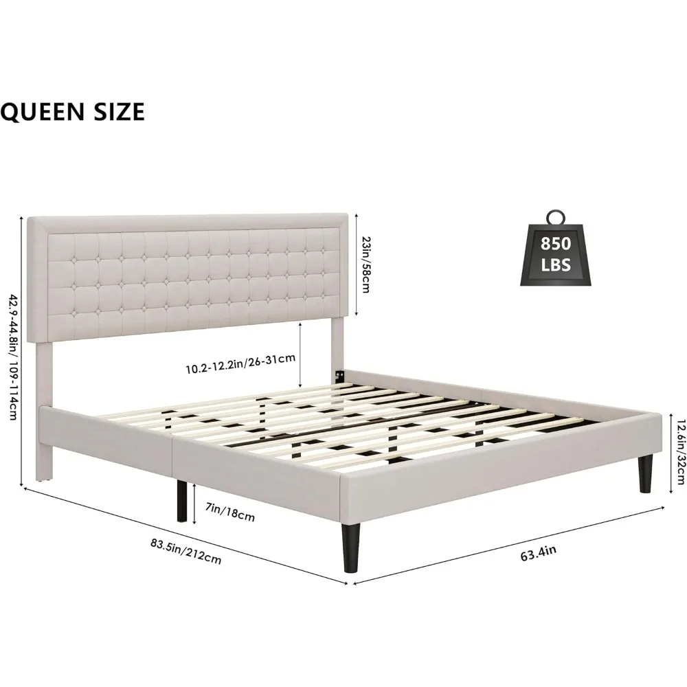 Queen Size Bed Frame, Queen Modern Soft Linen Upholstered Platform Bed with Button Tufted Adjustable Headboard /No Noise image 2