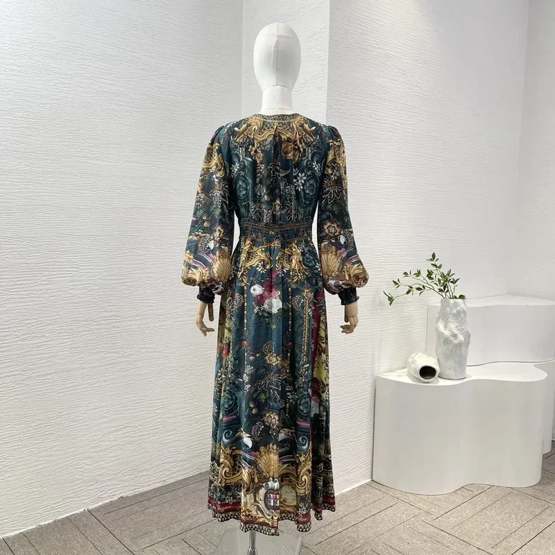 2024 New Women Clothing Green Floral Print Long Sleeve Diamonds Pressed V-Neck Oversize Vintage Midi Dress for Holiday