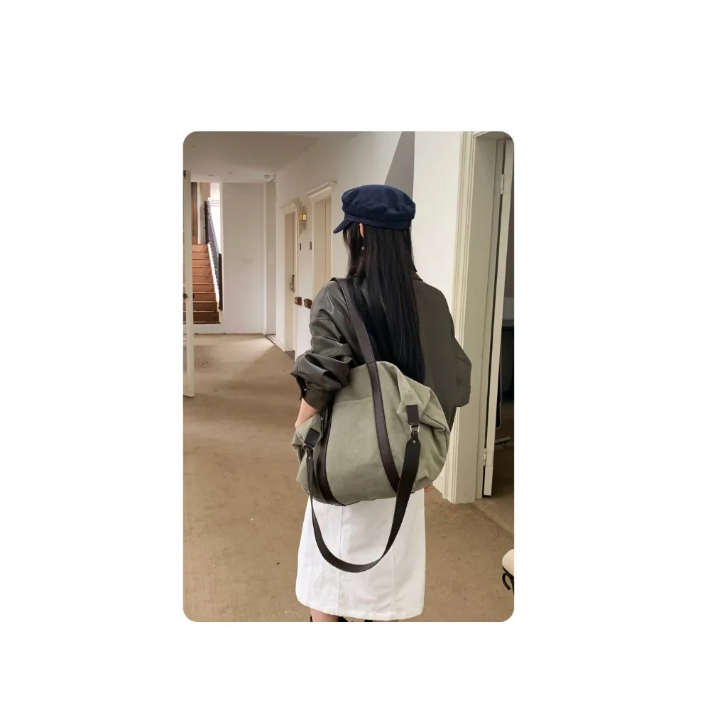 

Новинка 2025 года, дизайн из воловьей кожи растительного дубления, универсальная холщовая сумка контрастного цвета, большая вместительная портативная сумка через плечо