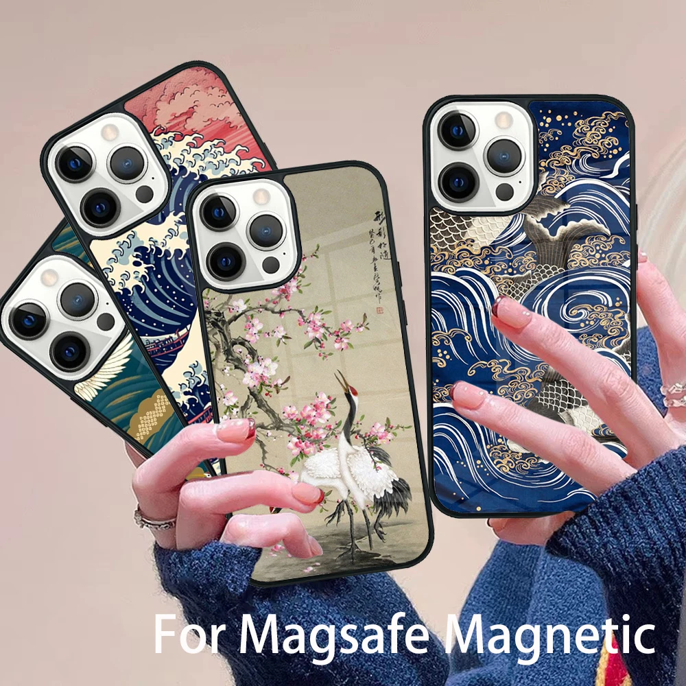 

Carp Waves Crane and Brocade Pattern Phone Case Magesafe Magnetic Wireless Cover For IPhone 16 11 12 13 14 15 Pro Max Plus Mini
