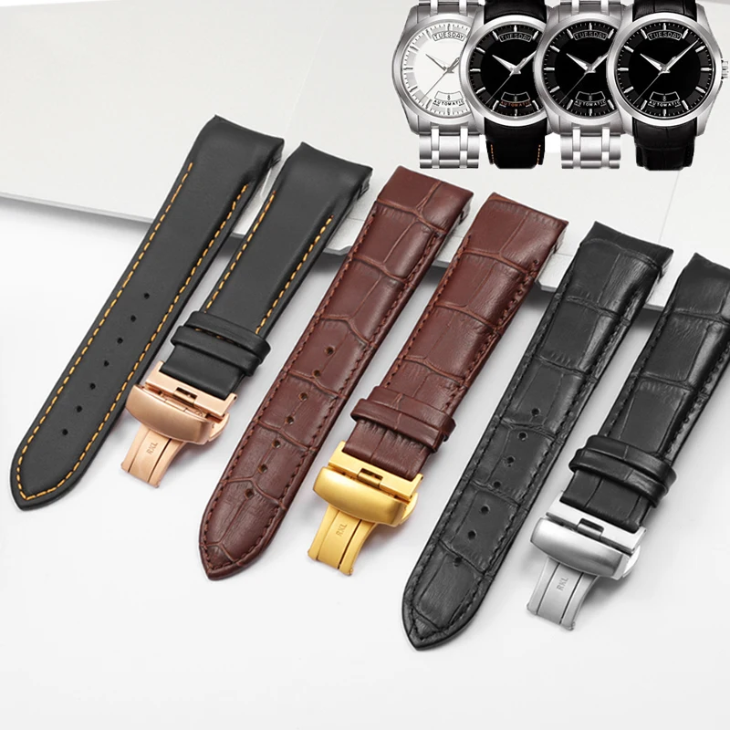 For Tissot T035 Butterfly Steel Buckle Calfskin Strap Bracelets Genuine Leather Watch Band Curved End Replacement 22mm 23mm 24mm