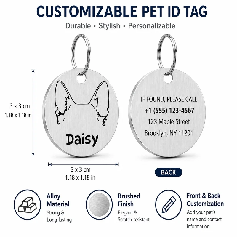 1‑piece pet ID tag with multiple dog ear illustrations, double‑sided custom‑engraved metal collar tag suitable for dogs and cats