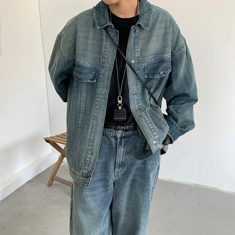 Hip Hop Denim Set Men Women Washed Distressed Striped Denim Jackets+Vintage Straight Loose Harlan Jeans High Street Cargo Suit