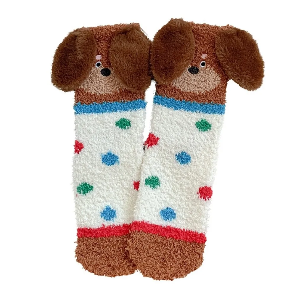 Cherry Stripe Puppy Ears Coral Fleece Socks Polka Dot Dog Thicken Velvet Socks Warm Soft Floor Socks Fall/Winter