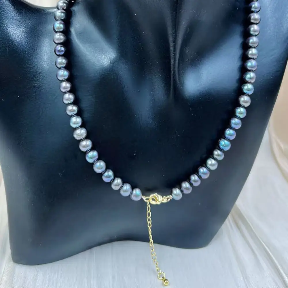

7-8mm Punk Genuine Natural Freshwater Round Women Wedding Pearl Mother Wife Anniversary Gift Black Pearl Necklace