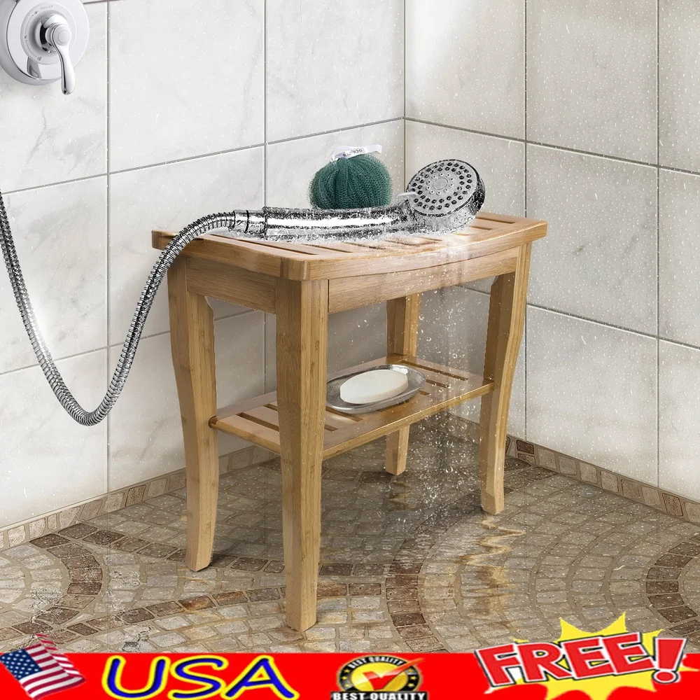 

Bamboo Shower Stool with Lower Shelf 2-Tier Storage Bench Non-Slip Spa Sauna Seat Bathroom Foot Rest Indoor Use