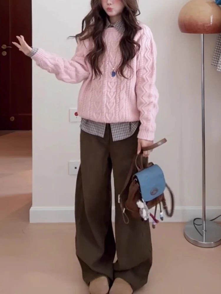 الكورية الأزياء لينة الوردي كابل متماسكة سترة ناعمة المرأة فضفاضة طويلة الأكمام الخريف الشتاء جديد مريح البلوز شيك كسول نمط الزي #4