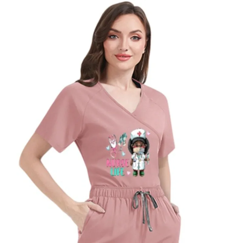 

Custom Print Nurse Uniform Women Short Sleeve Pants Tie-Back Thin Quick-Dry Beauty Salon Maternity Center Scrubs Workwear