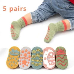 5 pairs of children's socks solid color striped rubber anti slip newborn baby floor socks cotton girls baby socks