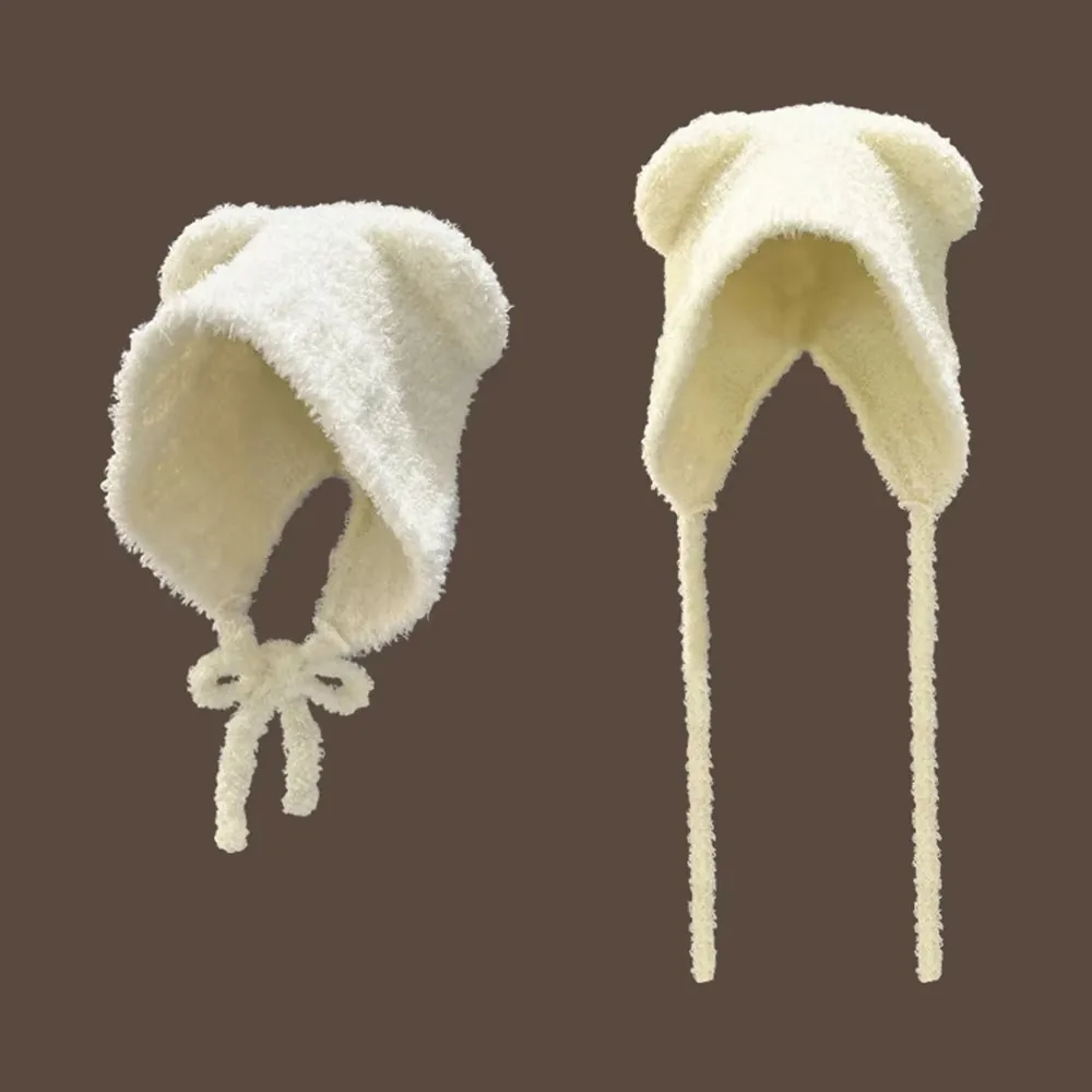 Fashion Y2k Bear Ear Wool Hat With Rope Ear Protection Beanies Cap Lace up Warm Knitted Bomber Cap