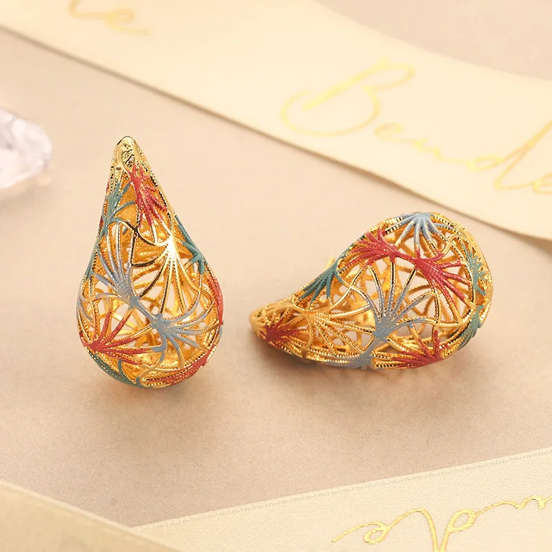 

French retro earrings enamel painted palace pvd gold plated drip hollow carved flower earrings