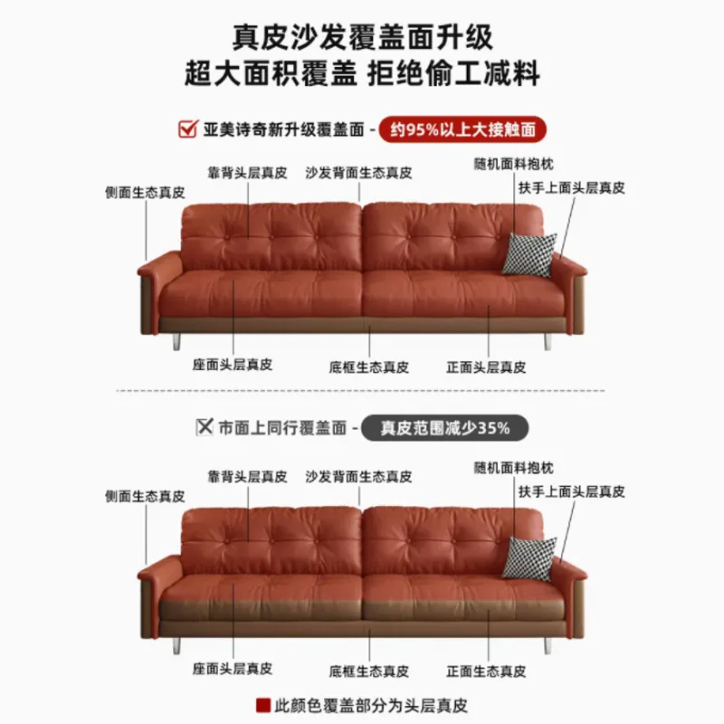 Retro Cowhide Leather Sofa Medieval Three-person Living Room Straight Row Apartment Light Luxury Down Leather Sofa Thickened