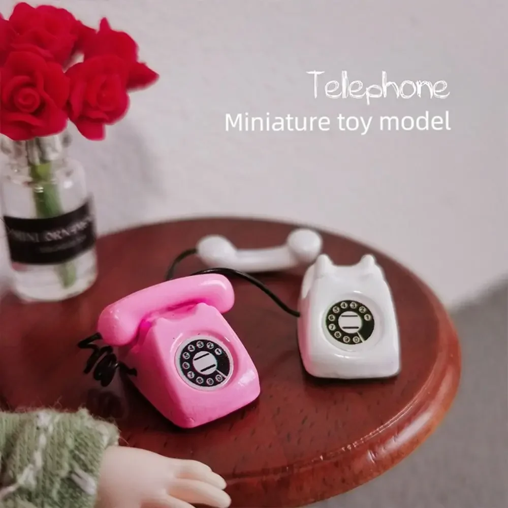 1:12 Dollhouse Retro Landline Telephone Miniature Vintage Fixed Phone Simulation Model Mini Home Furniture Decoration