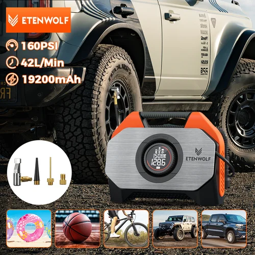 ETENWOLF VORTEX S6 휴대용 공기 압축기 100% 듀티 사이클 및 듀얼 실린더 19200 mAh 자동차 타이어 팽창기 자전거 펌프 공기 펌프