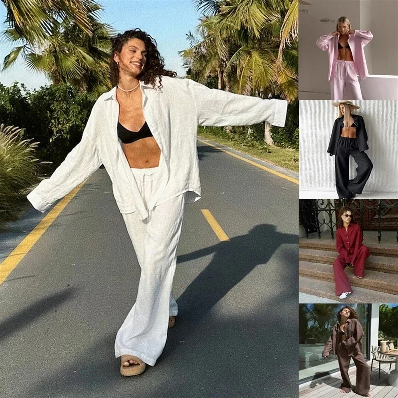 

Cotton Shirt Long Pants Set European And American Spring And Summer New Style Loose Long Sleeved Shirt Casual Set For Women