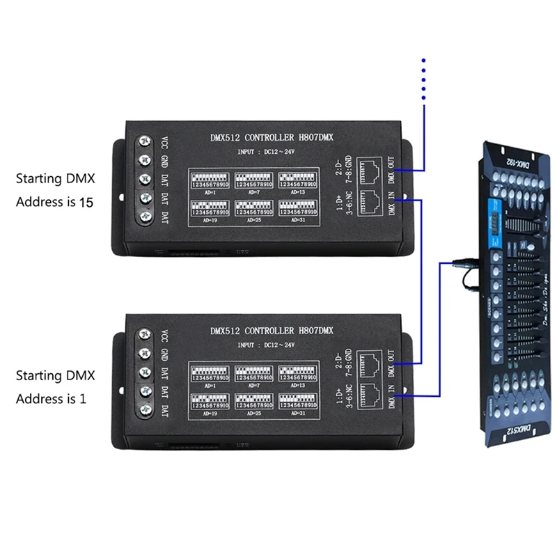 Nuevo controlador DMX512, conectar a la consola DMX512, compatible con WS2812,WS2813,UCS1903,Etc.13 canales DMX por dispositivo