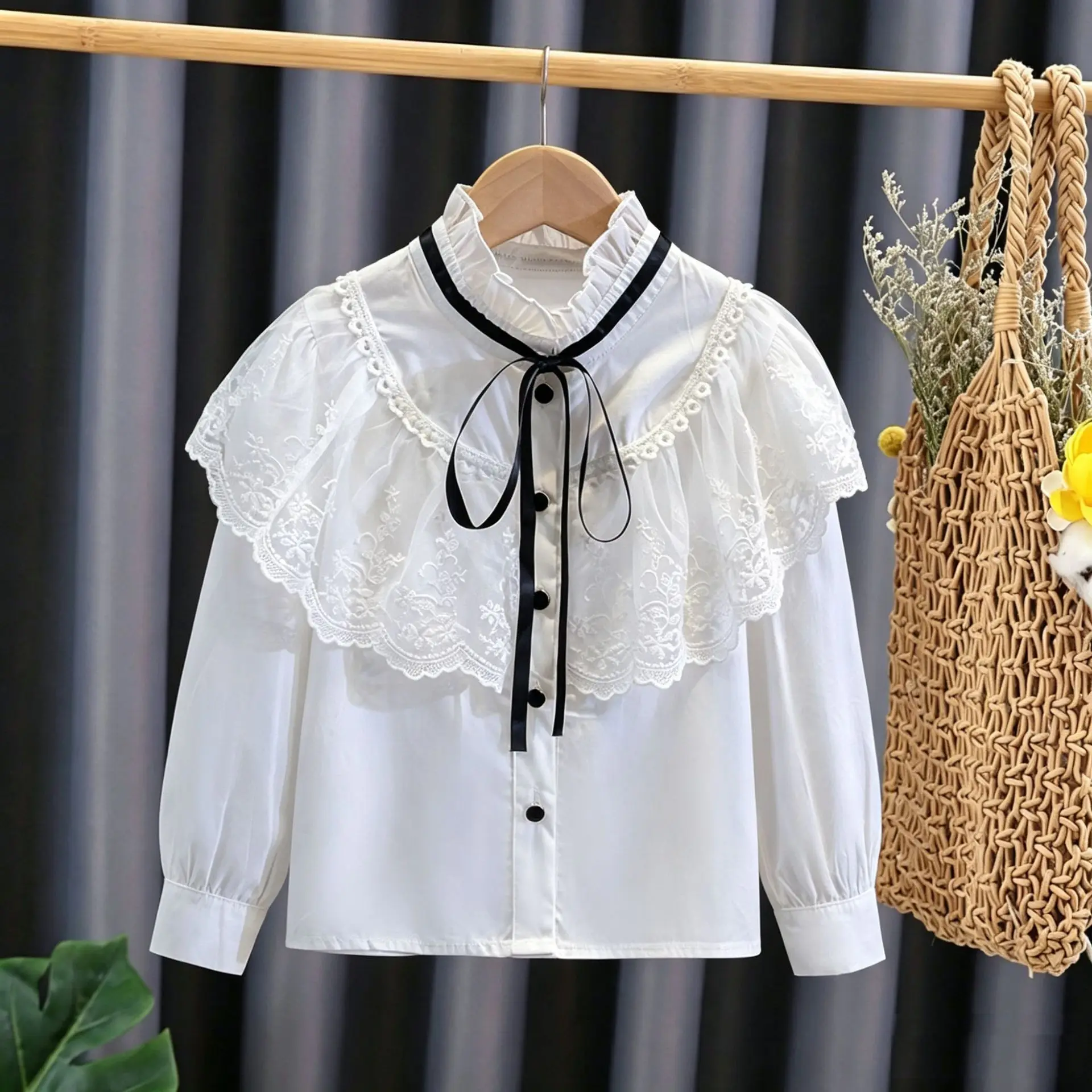 Girls Spring Autumn 2026 Cotton Student Long Sleeve White Shirt Childrens Lace Childrens Shirt