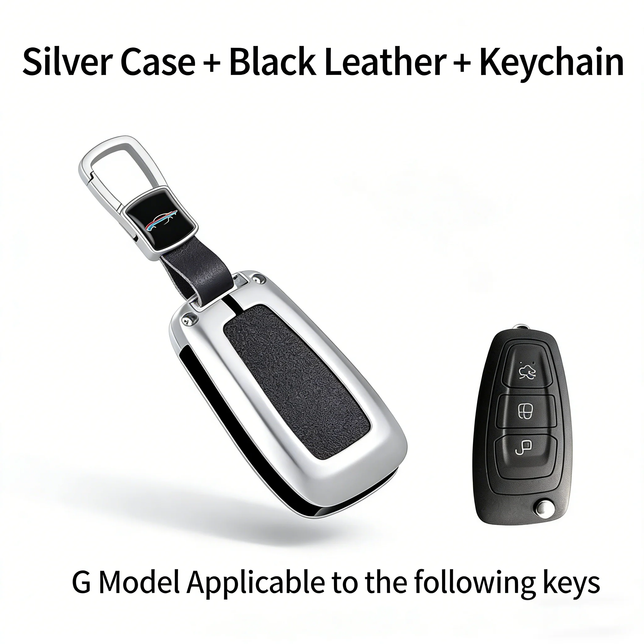 

Silver Case Black Leather Car Key Fob Cover Case with Keychain for Ford Classic Focus Escort Escape Kuga, 3 Button Flip Remote K