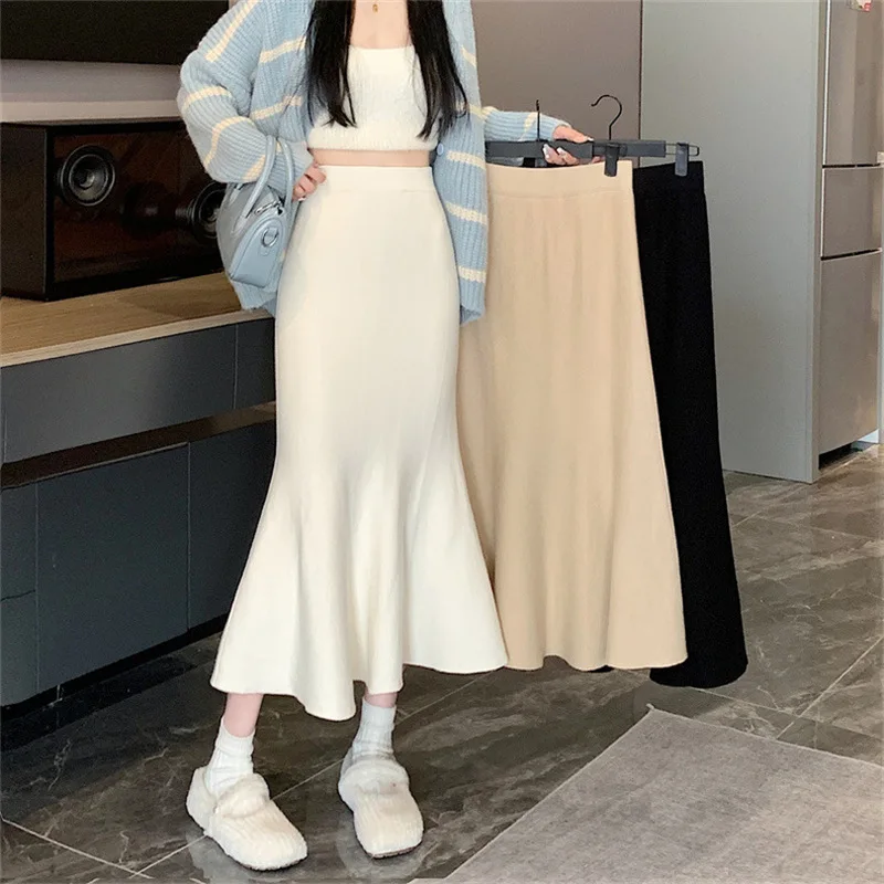 

2024 Elegant Medium-length Knit Skirt Women Side Slit High-waisted A-line Style Korean Version Autumn Winter Sheath Dress LJ179