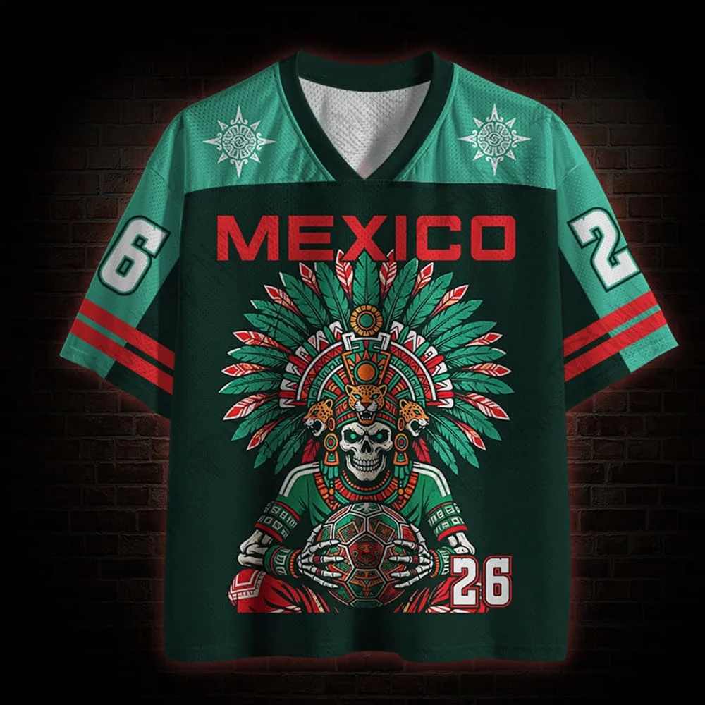 Mexico Aztec Tribal Soccer Jersey Mayan Calendar Skull Jaguar Eagle Print Unisex Casual  V Neck Tshirt Men's Short-sleeved Tee